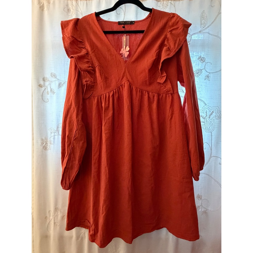 Fancyinn Womens Rust Orange Ruffle V-Neck Long Sleeve Mini Babydoll Dress XL NWT